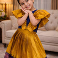 Designer Mustard Yellow Jacquard Girls Lehenga Choli with Blue Choli for Wedding