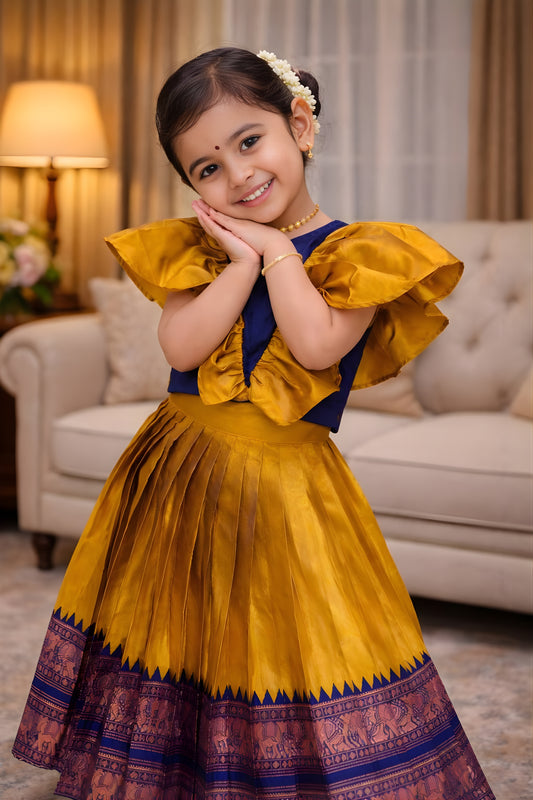 Designer Mustard Yellow Jacquard Girls Lehenga Choli with Blue Choli for Wedding