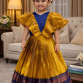 Designer Mustard Yellow Jacquard Girls Lehenga Choli with Blue Choli for Wedding