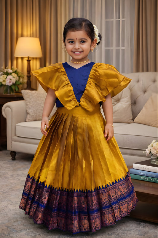 Designer Mustard Yellow Jacquard Girls Lehenga Choli with Blue Choli for Wedding