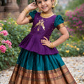 Traditional Purple and Green Jacquard Girls Lehenga Choli with Golden Border for Wedding