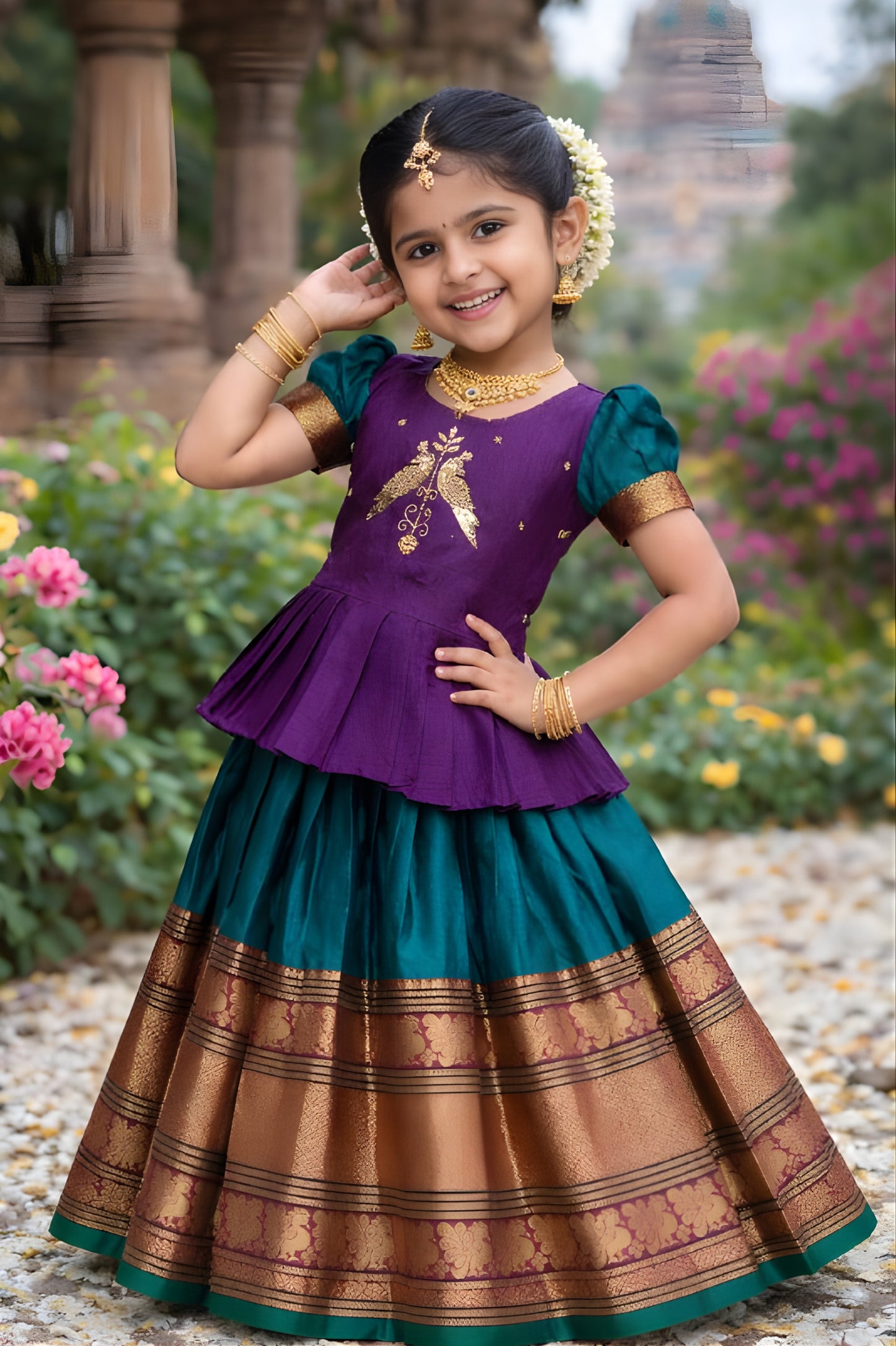 Traditional Purple and Green Jacquard Girls Lehenga Choli with Golden Border for Wedding