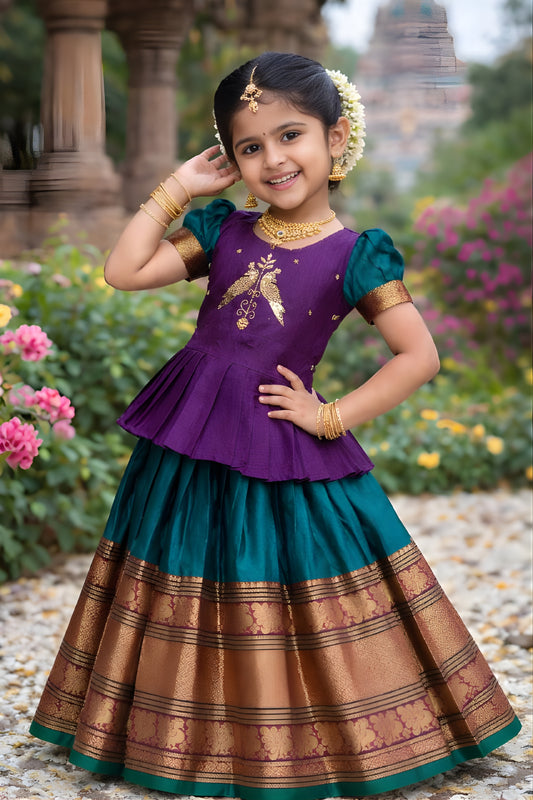 Traditional Purple and Green Jacquard Girls Lehenga Choli with Golden Border for Wedding