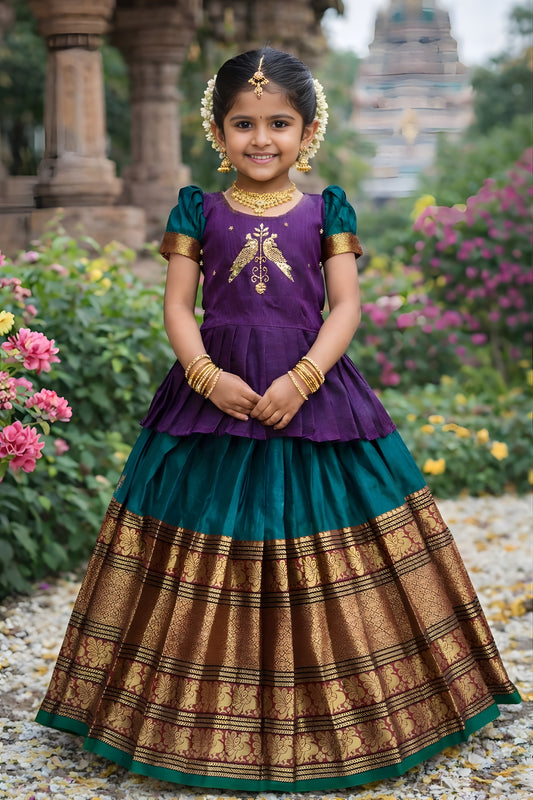 Traditional Purple and Green Jacquard Girls Lehenga Choli with Golden Border for Wedding