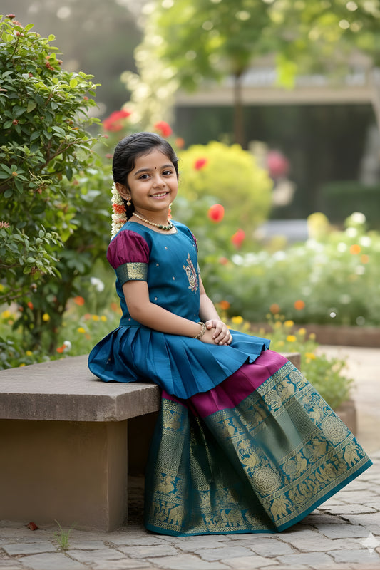 Beautiful Green and Purple Jacquard Girls Lehenga Choli with Gold Border for Wedding