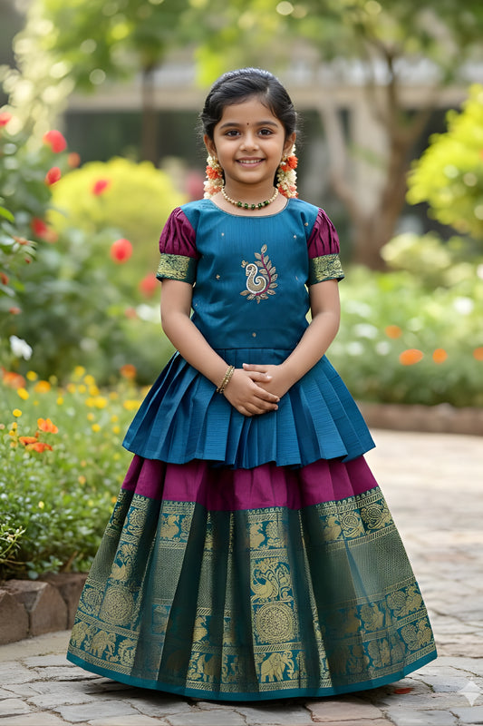 Beautiful Green and Purple Jacquard Girls Lehenga Choli with Gold Border for Wedding