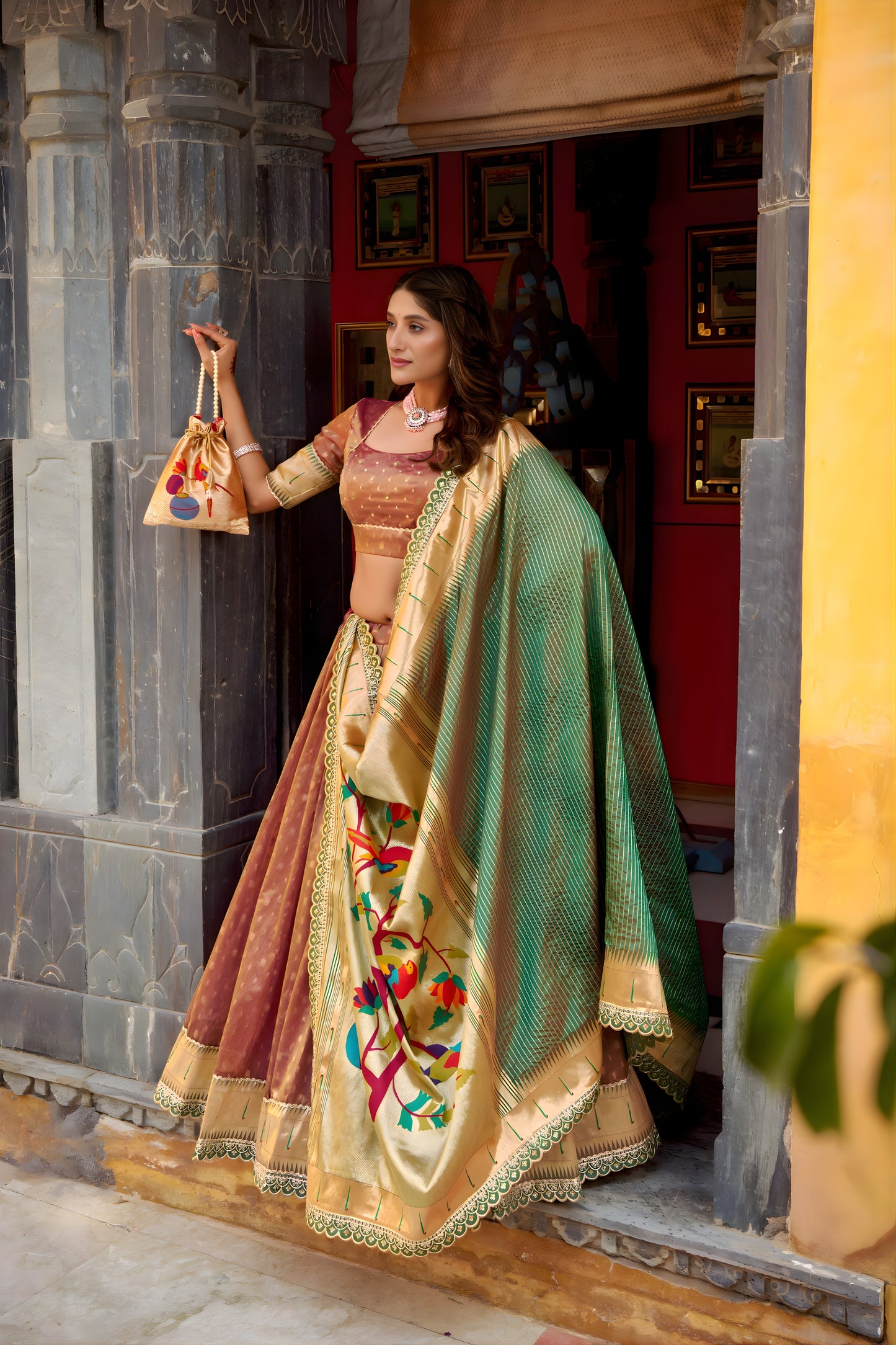 Elegant Brown Organza Zari Work Semi-Stitched Wedding Lehenga Choli with Dupatta