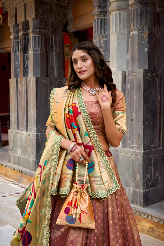 Elegant Brown Organza Zari Work Semi-Stitched Wedding Lehenga Choli with Dupatta