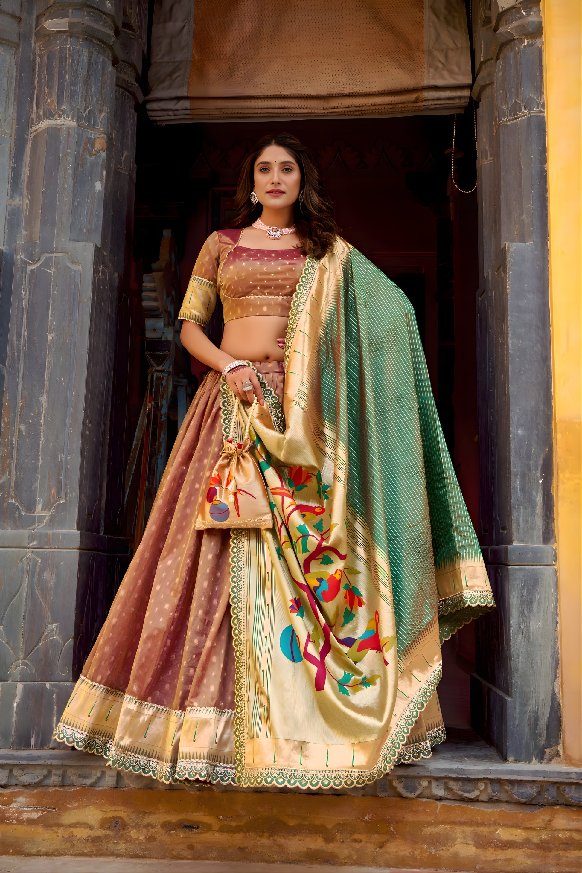 Elegant Brown Organza Zari Work Semi-Stitched Wedding Lehenga Choli with Dupatta