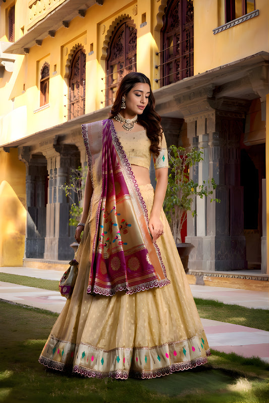 Stylish Beige Organza Zari Work Semi-Stitched Wedding Lehenga Choli with Designer Dupatta