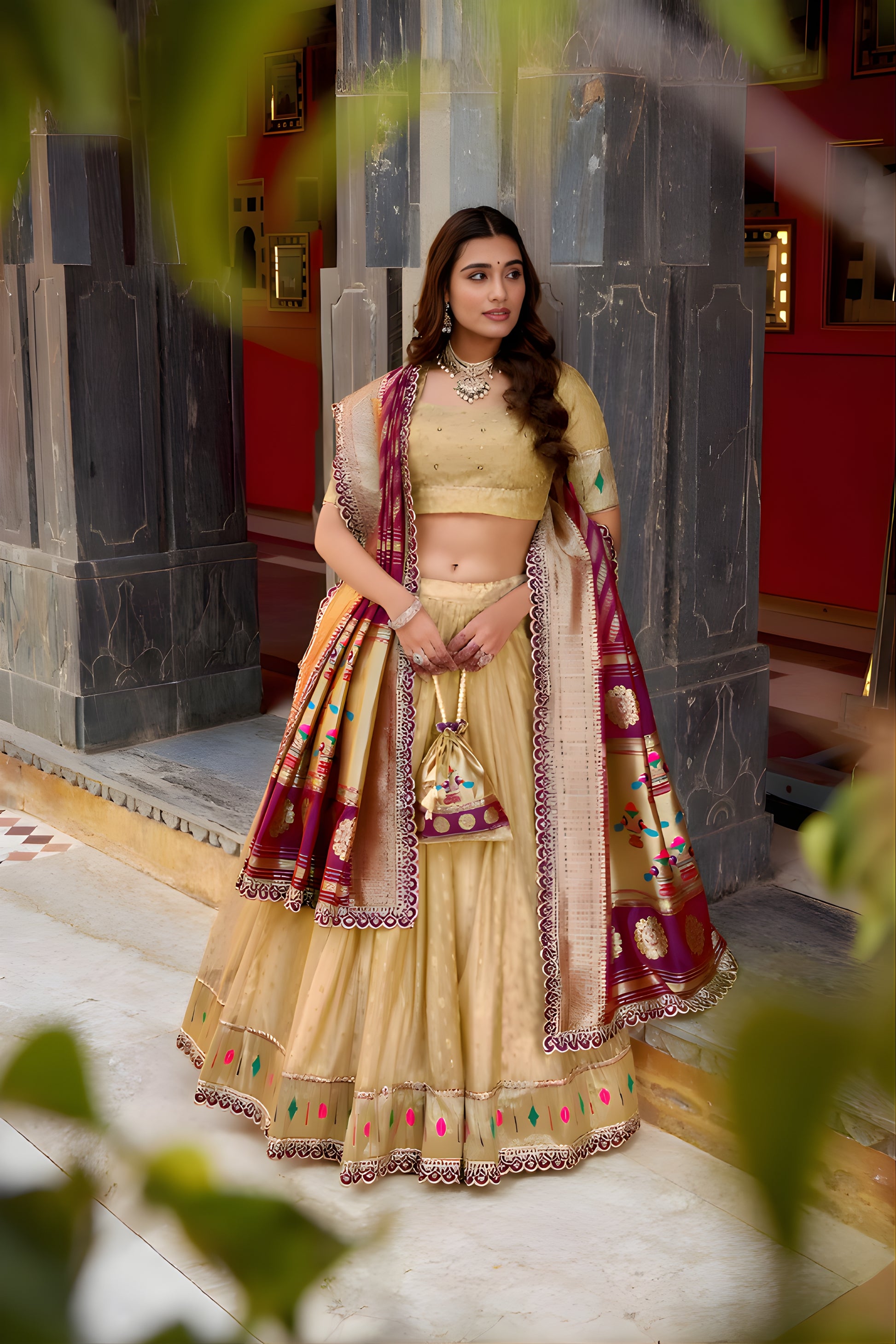 Stylish Beige Organza Zari Work Semi-Stitched Wedding Lehenga Choli with Designer Dupatta