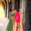 Fancy Green Organza Zari Work Semi-Stitched Wedding Lehenga Choli with Pink Dupatta