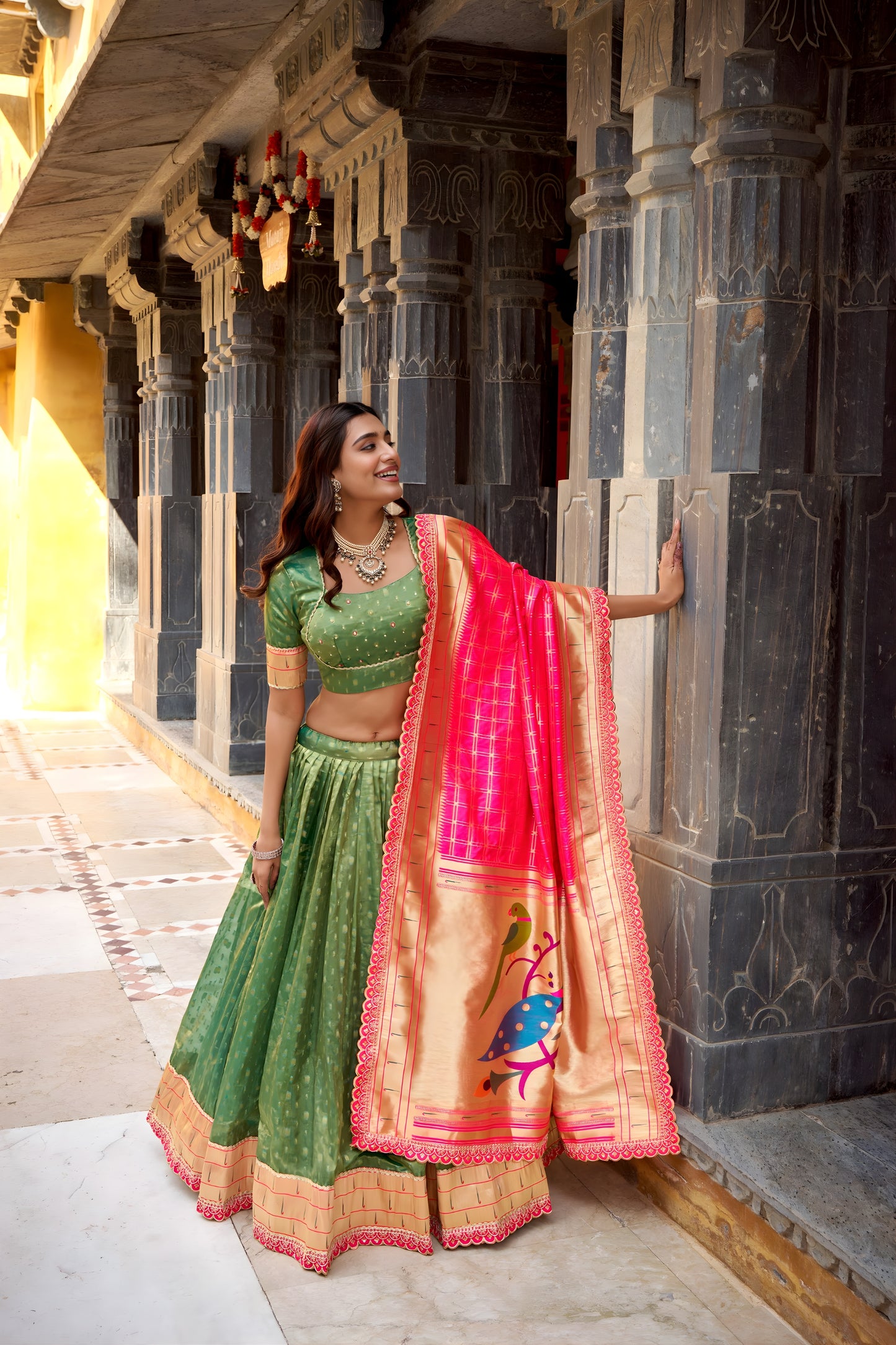 Fancy Green Organza Zari Work Semi-Stitched Wedding Lehenga Choli with Pink Dupatta