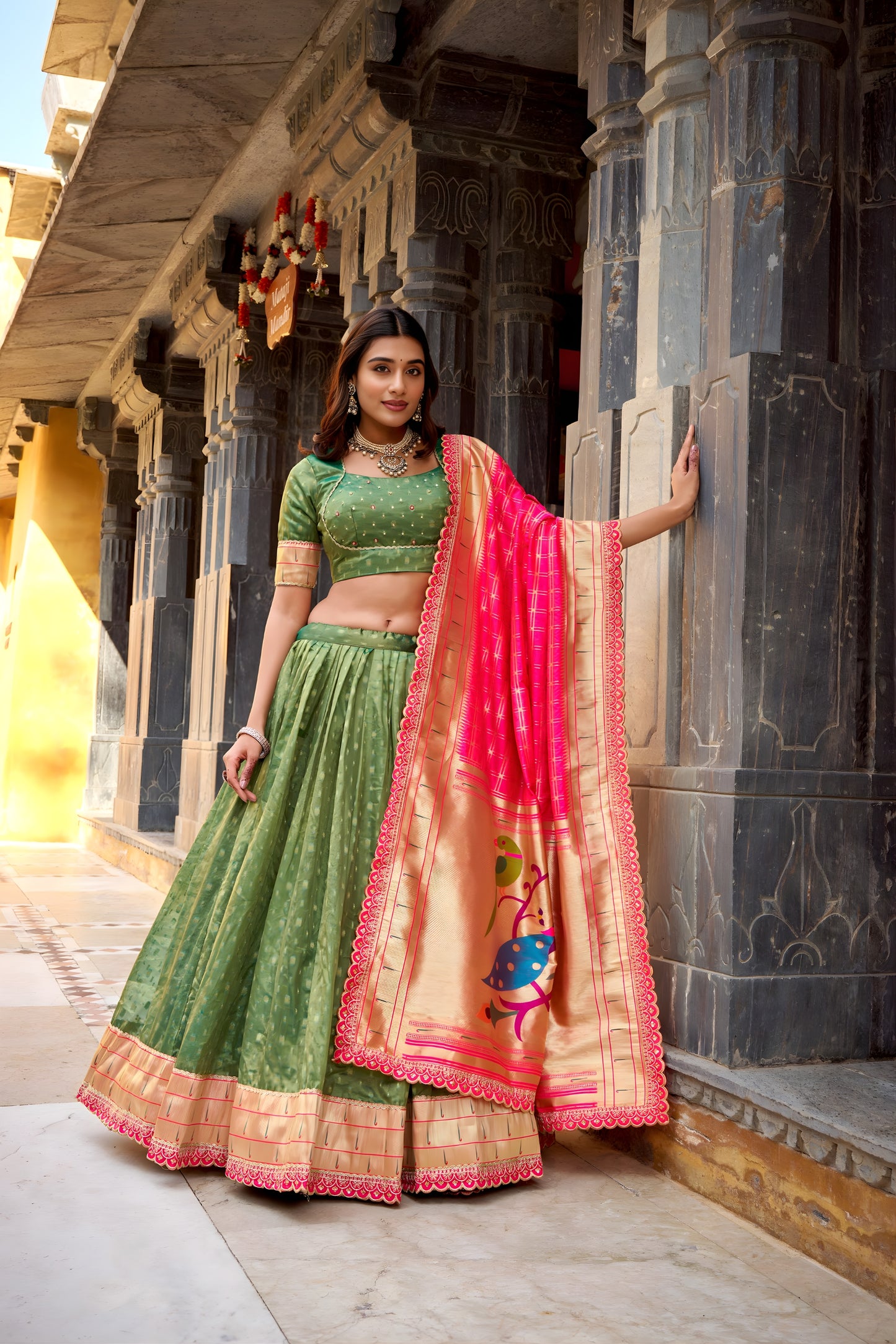 Fancy Green Organza Zari Work Semi-Stitched Wedding Lehenga Choli with Pink Dupatta