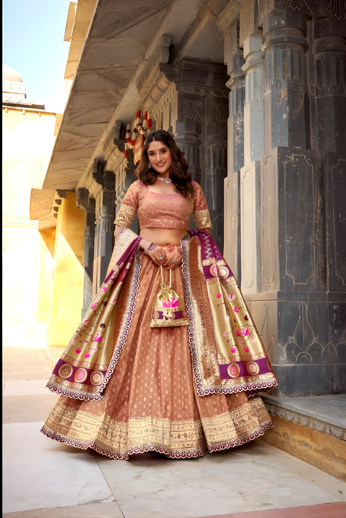 Trendy Peach Organza Zari Work Semi-Stitched Wedding Lehenga Choli with Designer Dupatta