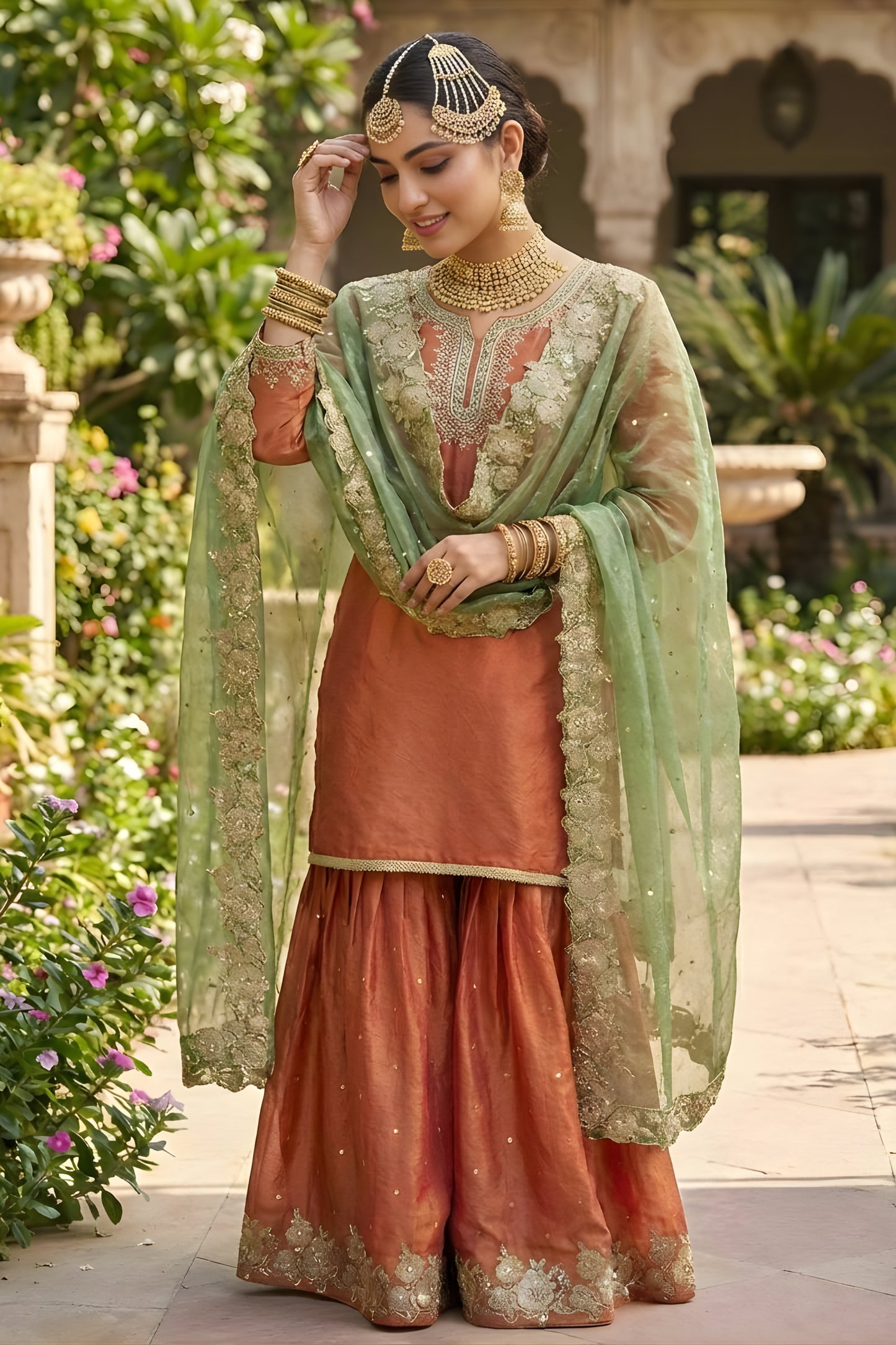 Designer Rust Orange Embroidered Party Wear Readymade Palazzo Suit with Dupatta