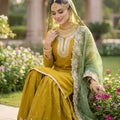Awesome Mustard Yellow Embroidered Party Wear Readymade Palazzo Suit with Dupatta