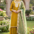 Awesome Mustard Yellow Embroidered Party Wear Readymade Palazzo Suit with Dupatta