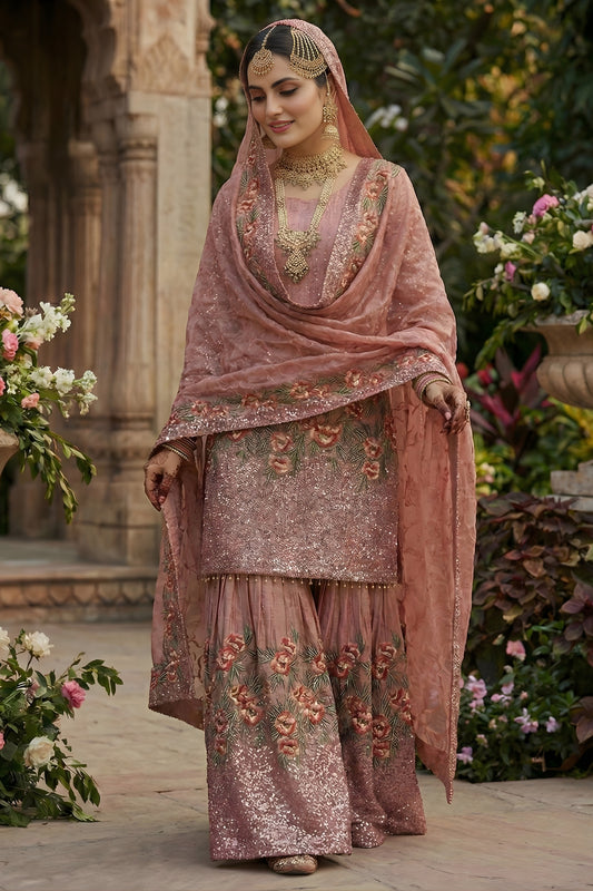 Lovely Rose Pink Fendy Silk Embroidered Party Wear Readymade Palazzo Suit with Dupatta