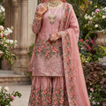 Lovely Rose Pink Fendy Silk Embroidered Party Wear Readymade Palazzo Suit with Dupatta