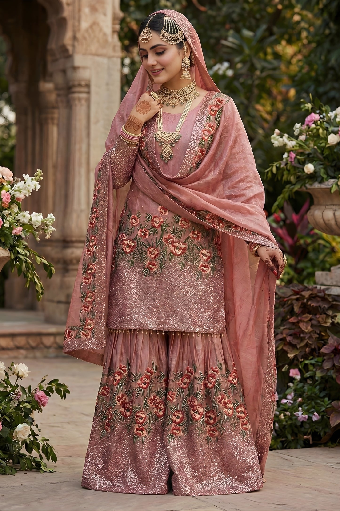 Lovely Rose Pink Fendy Silk Embroidered Party Wear Readymade Palazzo Suit with Dupatta