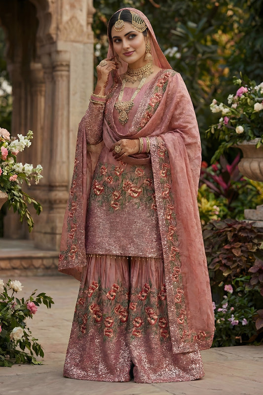 Lovely Rose Pink Fendy Silk Embroidered Party Wear Readymade Palazzo Suit with Dupatta