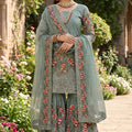 Alluring Sea Green Fendy Silk Embroidered Party Wear Readymade Palazzo Suit with Dupatta