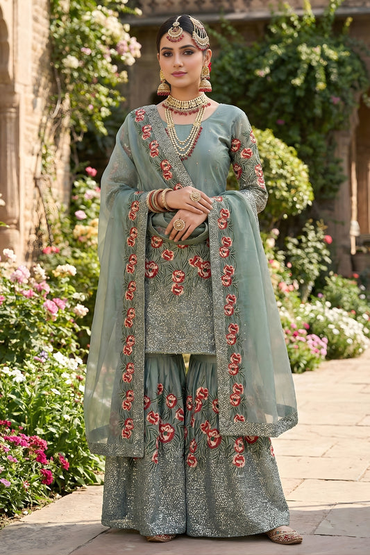 Alluring Sea Green Fendy Silk Embroidered Party Wear Readymade Palazzo Suit with Dupatta