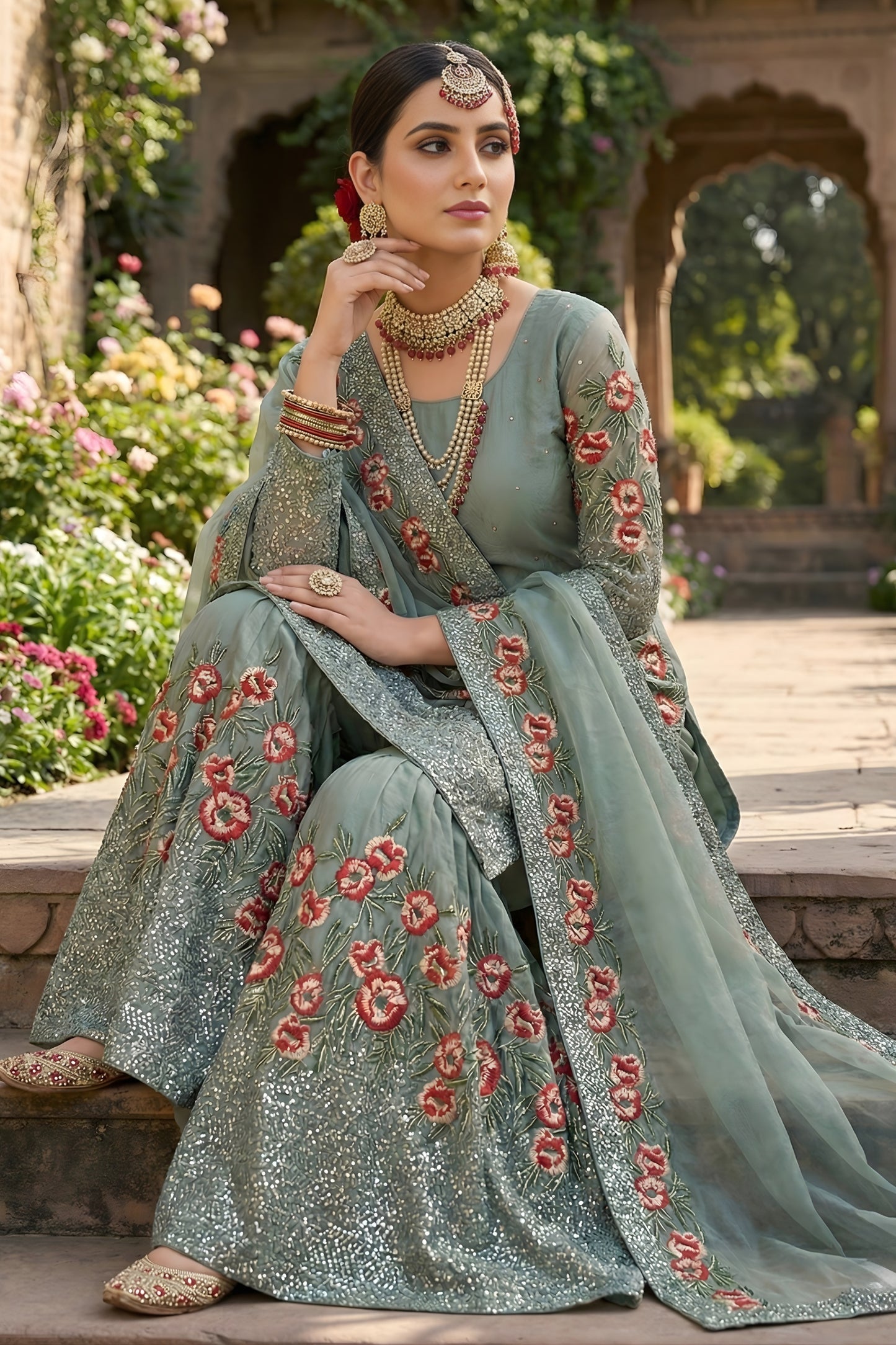 Alluring Sea Green Fendy Silk Embroidered Party Wear Readymade Palazzo Suit with Dupatta
