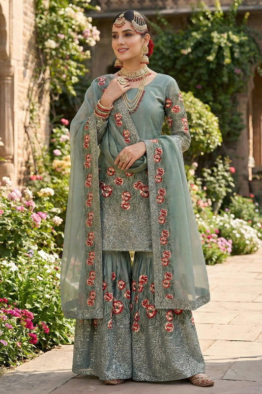 Alluring Sea Green Fendy Silk Embroidered Party Wear Readymade Palazzo Suit with Dupatta (Copy)