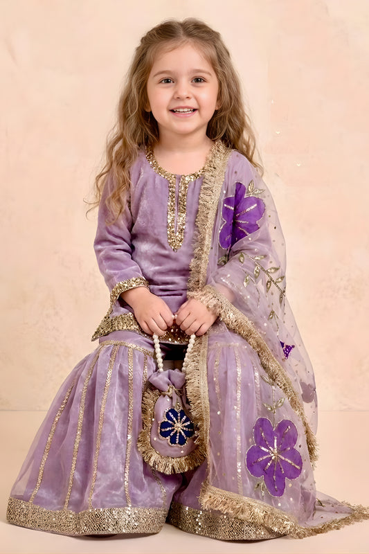 Stylish Purple GMY Silk Embroidered Readymade Palazzo Suit with Dupatta for Girls