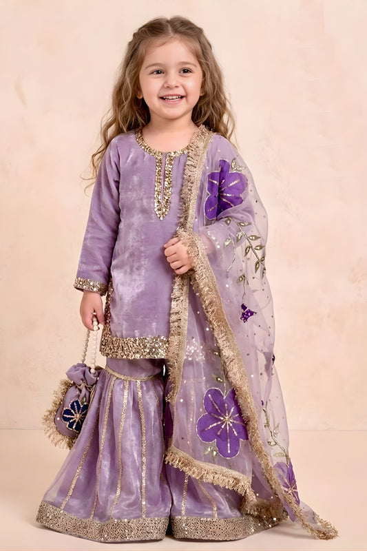 Stylish Purple GMY Silk Embroidered Readymade Palazzo Suit with Dupatta for Girls