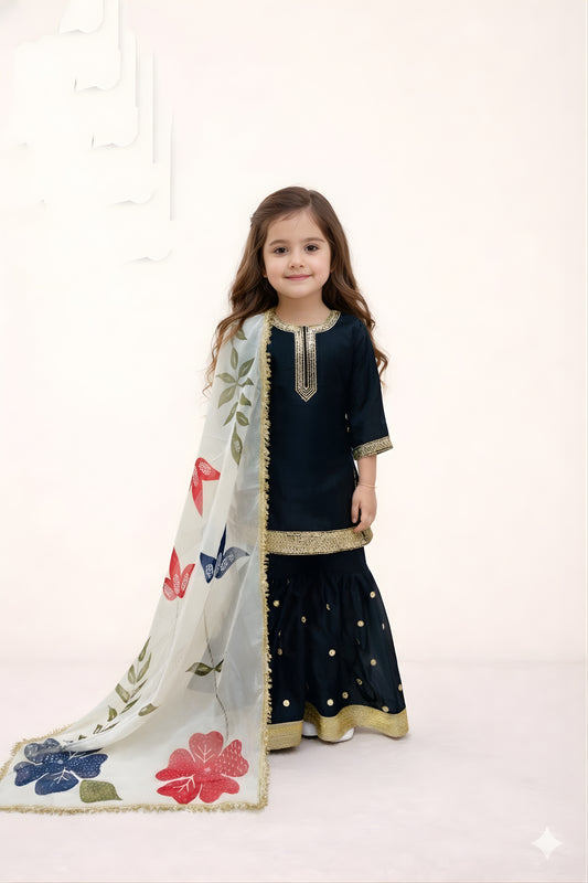 Superb Navy Blue GMY Silk Embroidered Readymade Palazzo Suit with Floral Dupatta for Girls
