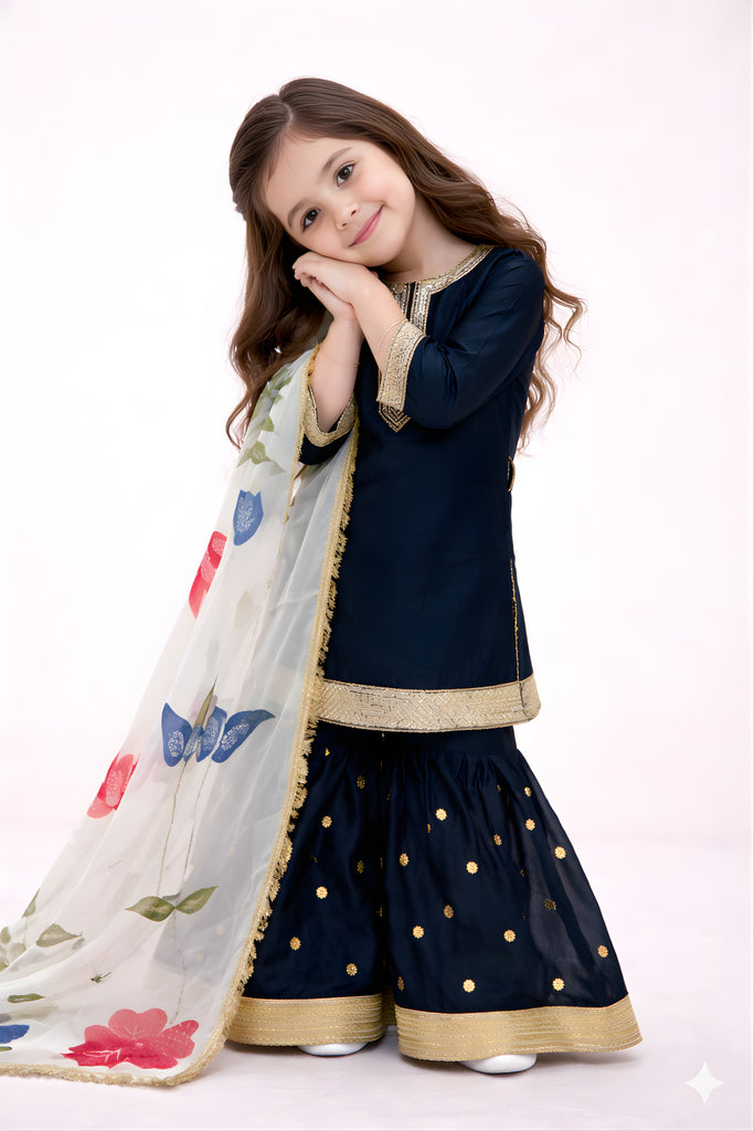 Superb Navy Blue GMY Silk Embroidered Readymade Palazzo Suit with Floral Dupatta for Girls