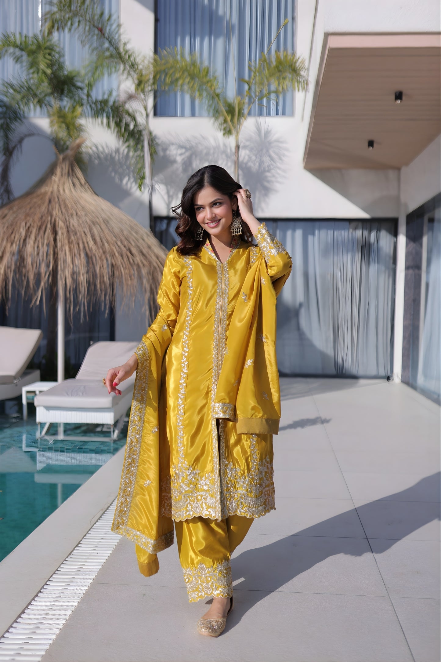 Elegant Mustard Yellow Silk Embroidered Readymade Palazzo Suit with Dupatta for Women