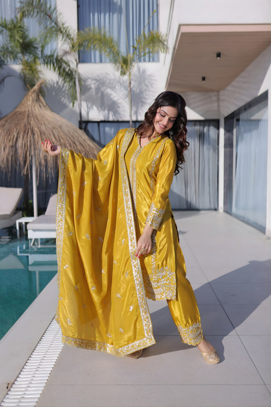 Elegant Mustard Yellow Silk Embroidered Readymade Palazzo Suit with Dupatta for Women