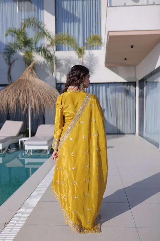 Elegant Mustard Yellow Silk Embroidered Readymade Palazzo Suit with Dupatta for Women