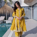 Elegant Mustard Yellow Silk Embroidered Readymade Palazzo Suit with Dupatta for Women