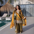 Stunning Olive Green Fendy Chiffon Embroidered Readymade Palazzo Suit with Dupatta