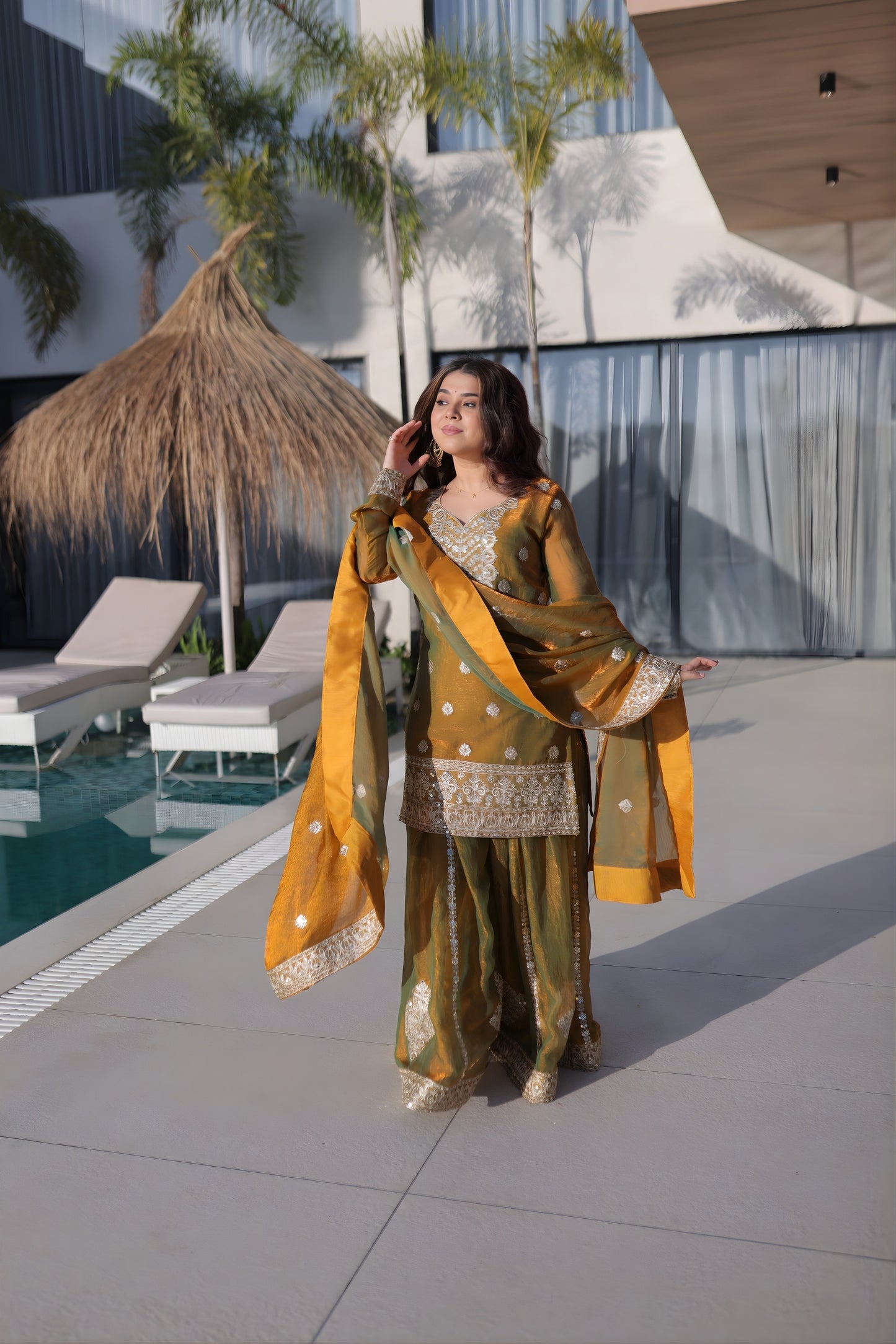 Stunning Olive Green Fendy Chiffon Embroidered Readymade Palazzo Suit with Dupatta