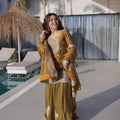 Stunning Olive Green Fendy Chiffon Embroidered Readymade Palazzo Suit with Dupatta