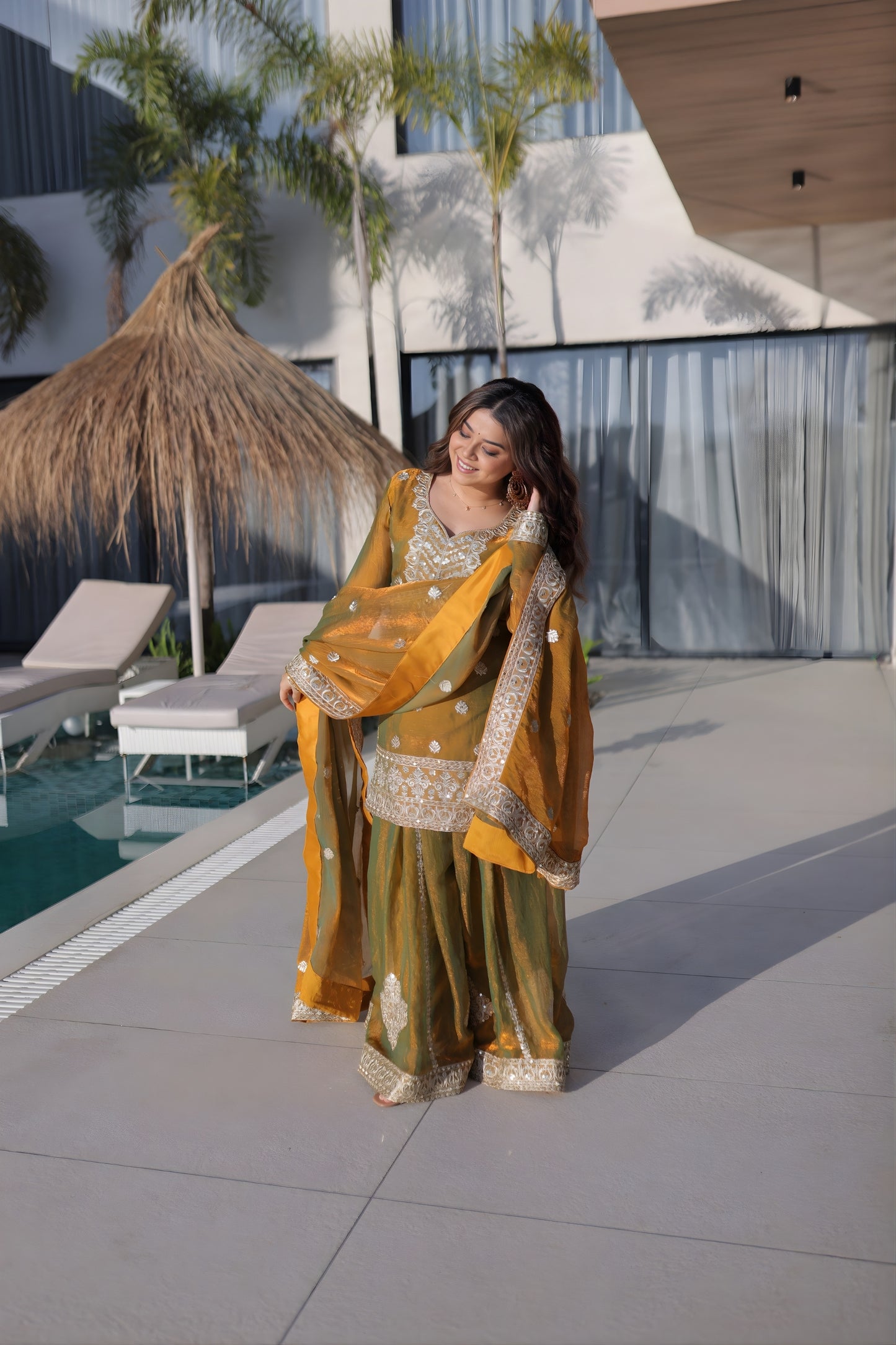 Stunning Olive Green Fendy Chiffon Embroidered Readymade Palazzo Suit with Dupatta
