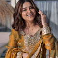 Stunning Olive Green Fendy Chiffon Embroidered Readymade Palazzo Suit with Dupatta