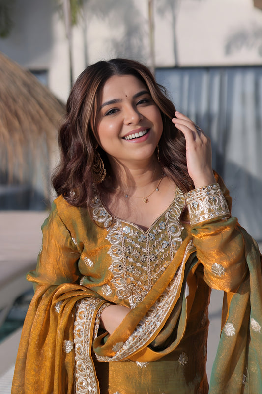 Stunning Olive Green Fendy Chiffon Embroidered Readymade Palazzo Suit with Dupatta