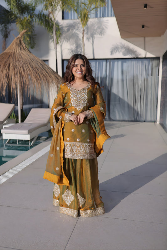 Stunning Olive Green Fendy Chiffon Embroidered Readymade Palazzo Suit with Dupatta