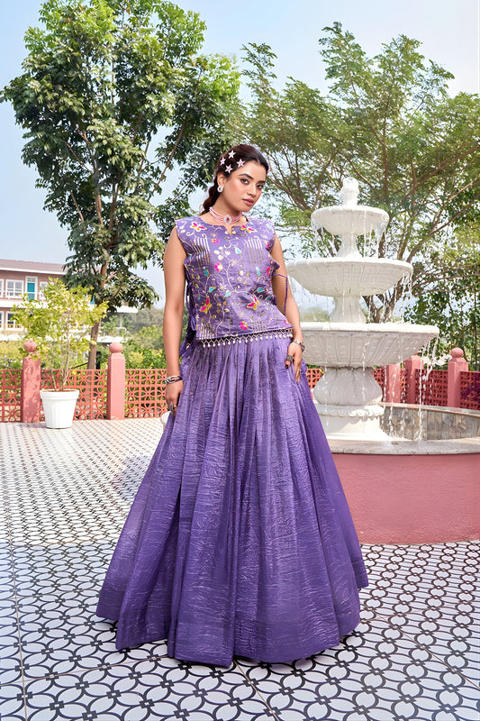 Beautiful Purple Gold Crush Silk Embroidered Party Wear Readymade Lehenga Choli Set