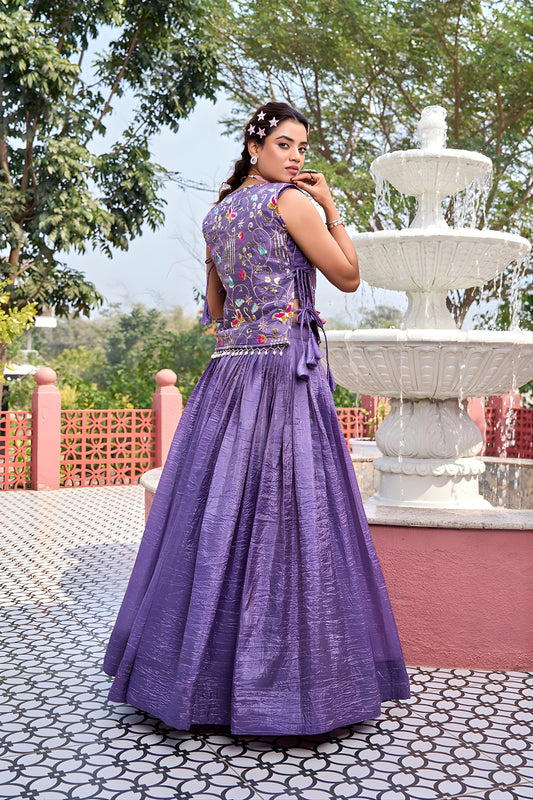 Beautiful Purple Gold Crush Silk Embroidered Party Wear Readymade Lehenga Choli Set