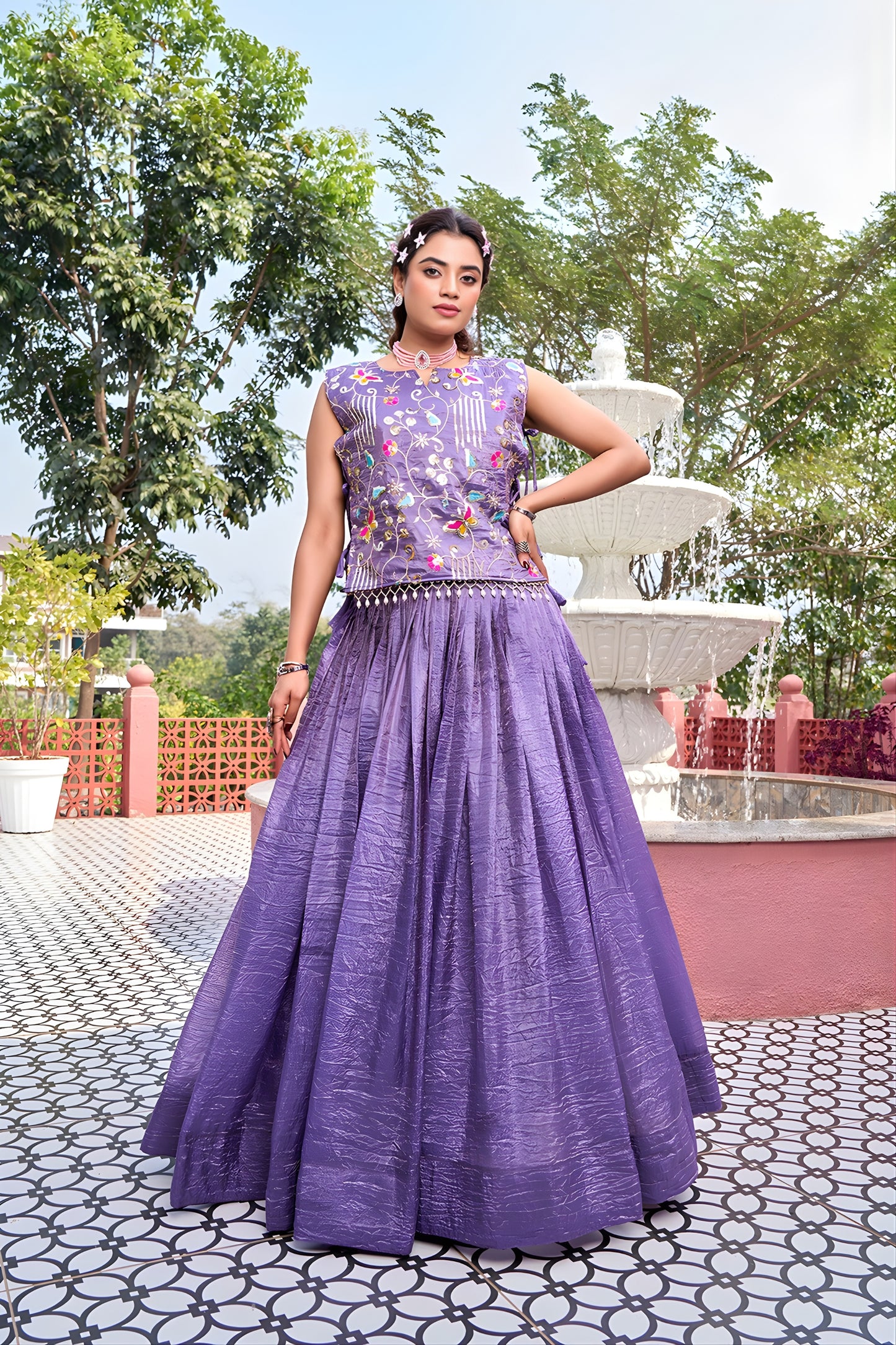 Beautiful Purple Gold Crush Silk Embroidered Party Wear Readymade Lehenga Choli Set