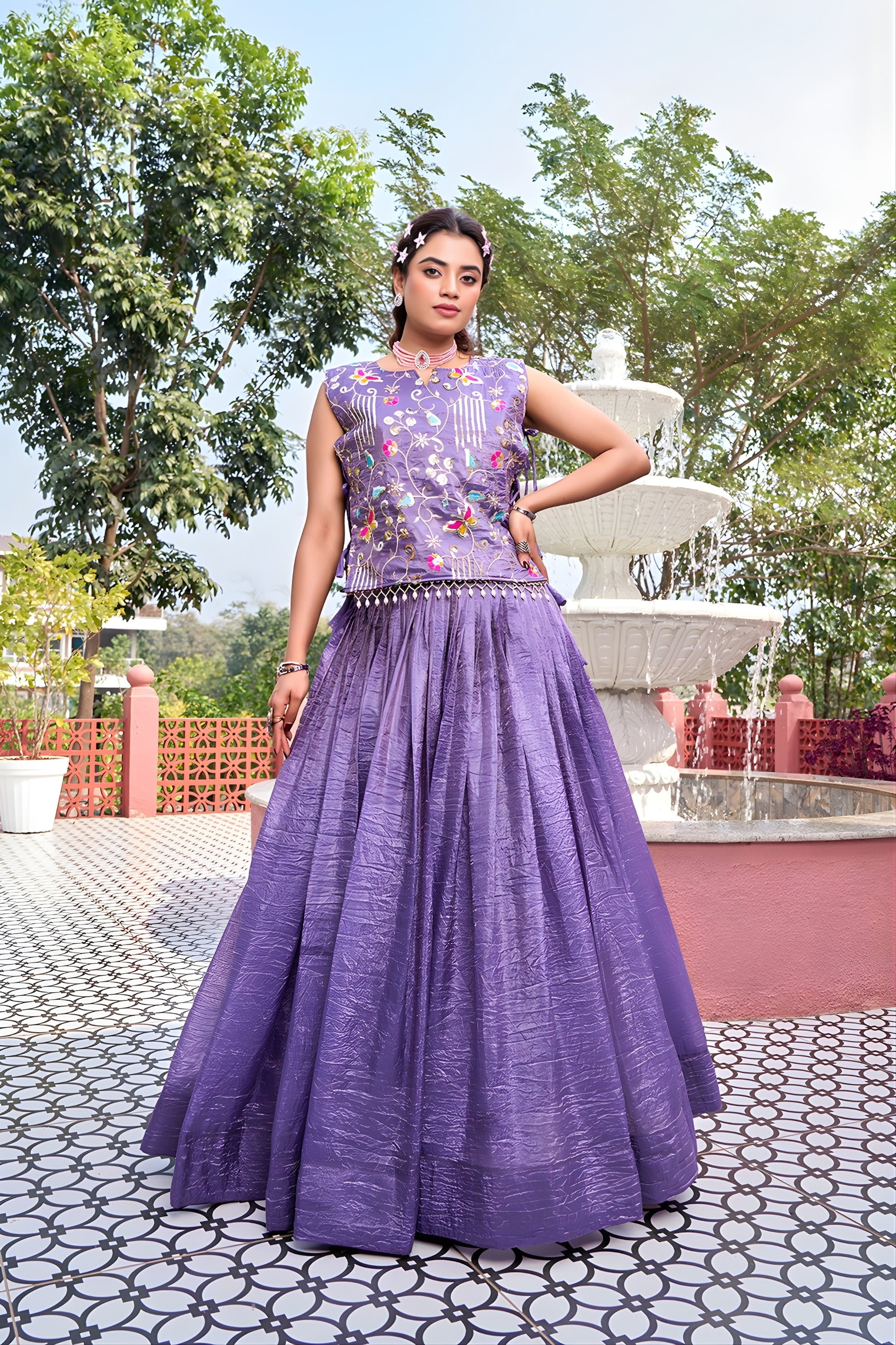 Beautiful Purple Gold Crush Silk Embroidered Party Wear Readymade Lehenga Choli Set