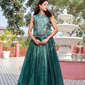 Stylish Teal Green Gold Crush Silk Embroidered Party Wear Readymade Lehenga Choli Set